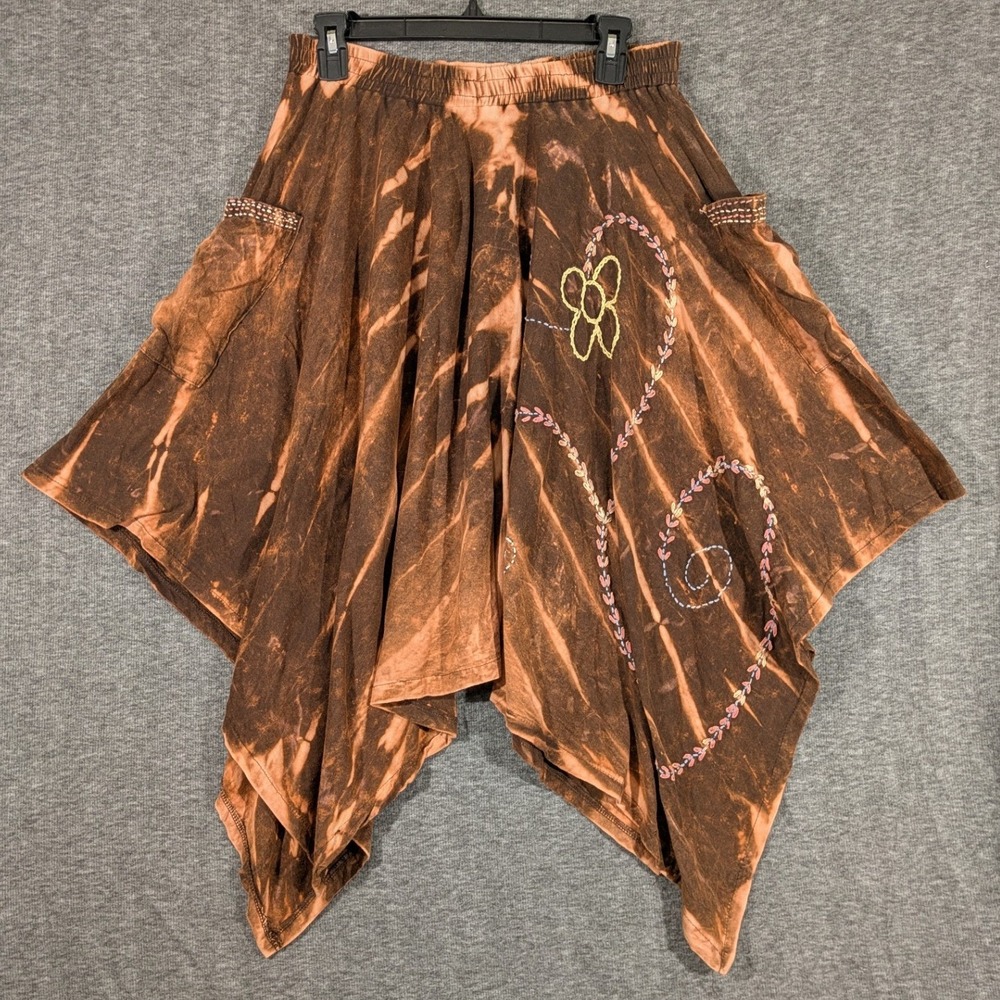 Rising International Brown Tie Dye Handkerchief Hem Skirt Embroidery Boho M